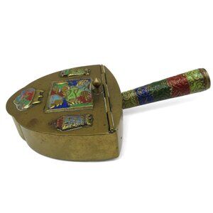Vintage Brass And Enamel SILENT BUTLER With Decorative Handle And Hinged Lid